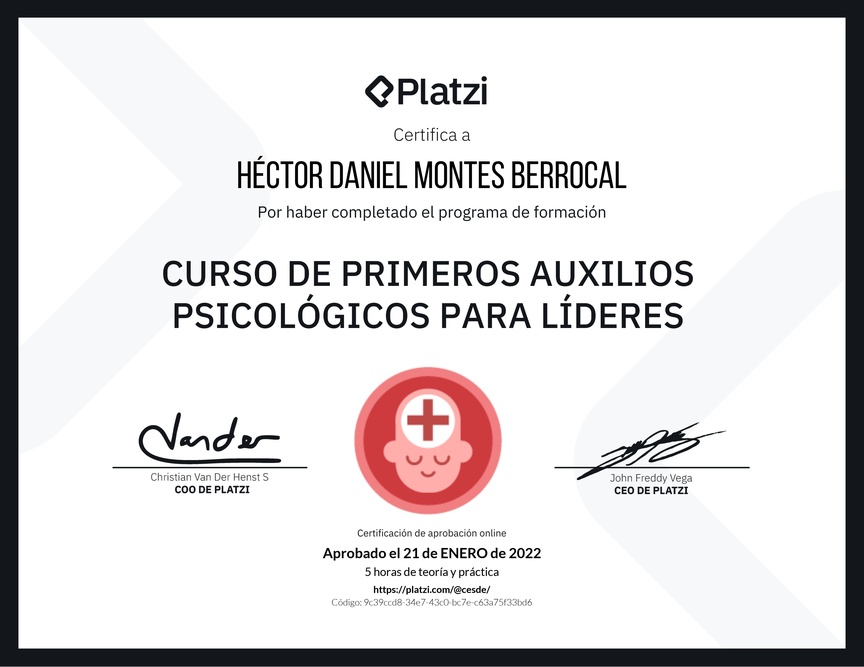 Diploma del Curso de Primeros Auxilios Psicológicos para Líderes