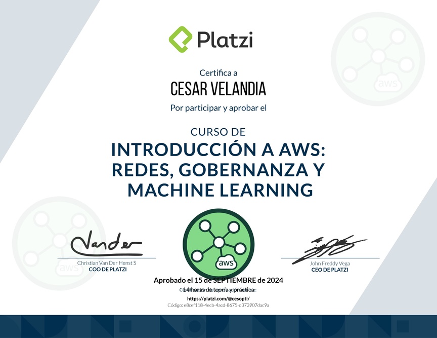 Diploma del Curso de Introducción a AWS: Redes, Gobernanza y Machine Learning
