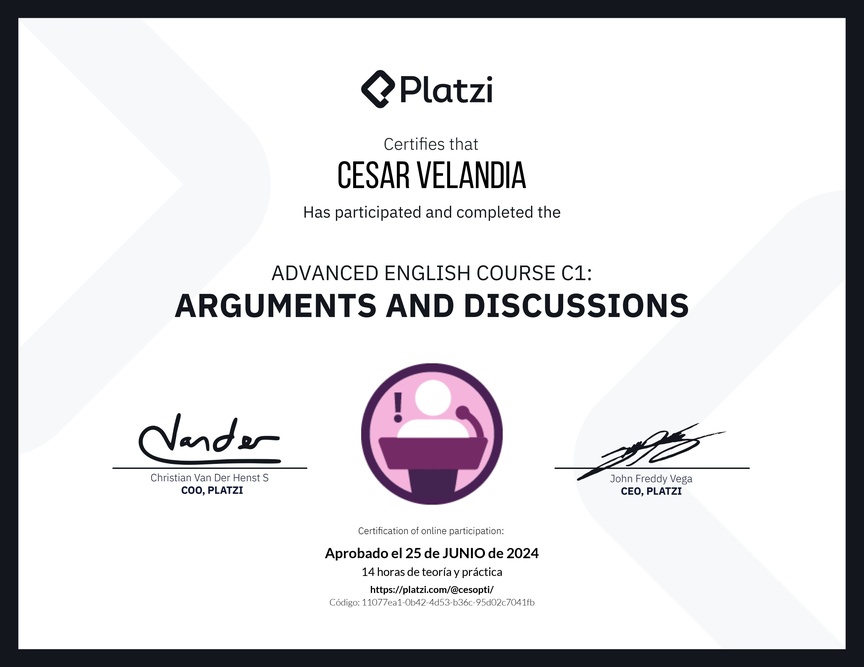 Diploma del Curso de Inglés Avanzado C1: Argumentos y Discusiones