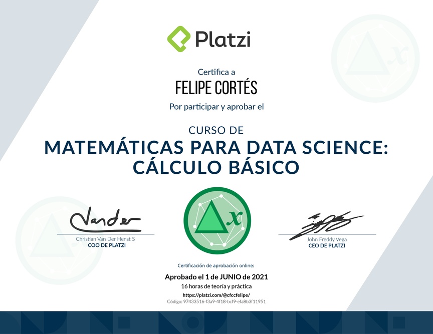 Diploma del Curso de Matemáticas para Data Science: Cálculo Básico