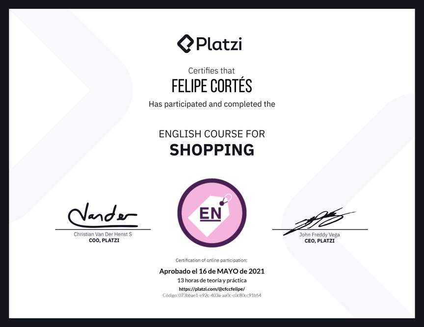 Diploma del Curso de Inglés para Compras (2020)