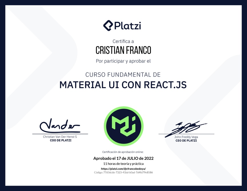 Diploma del Curso Fundamental de Material UI con React