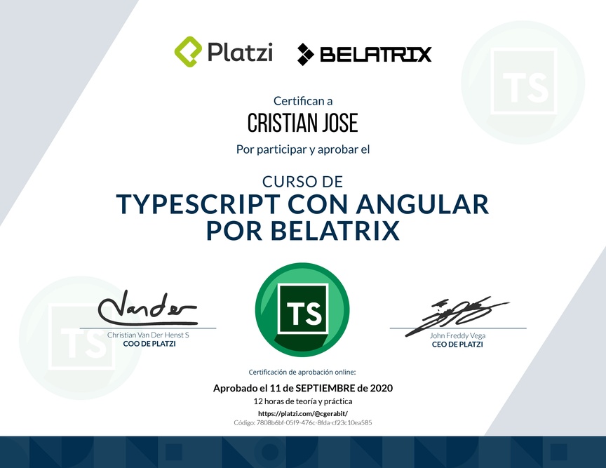 Diploma del Curso de TypeScript con Angular por Belatrix