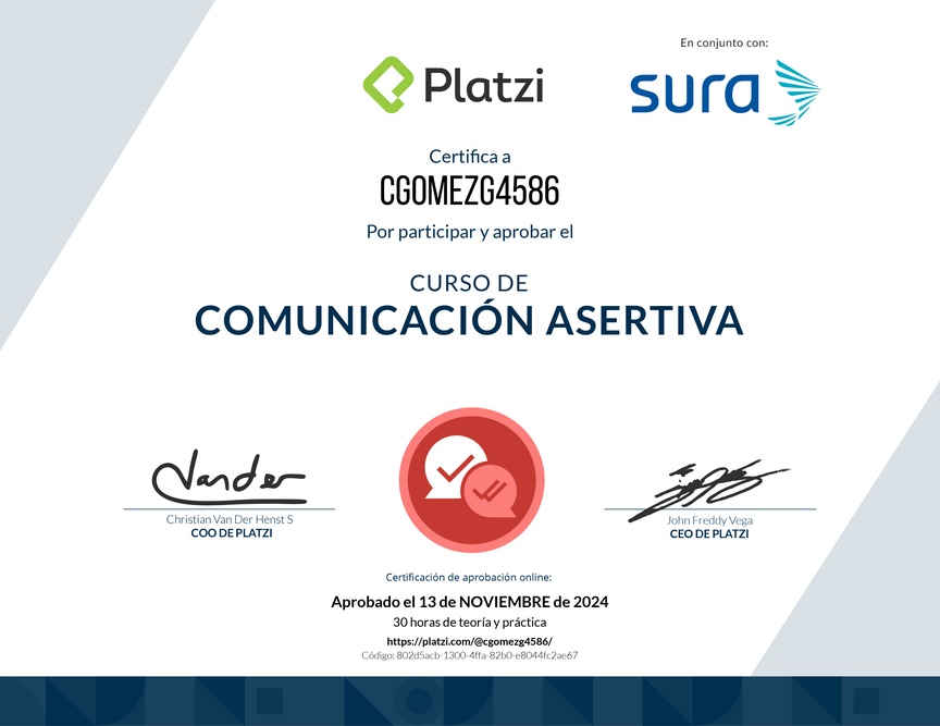 Diploma del Curso de Comunicación Asertiva para la Vida Personal y Profesional (2021)
