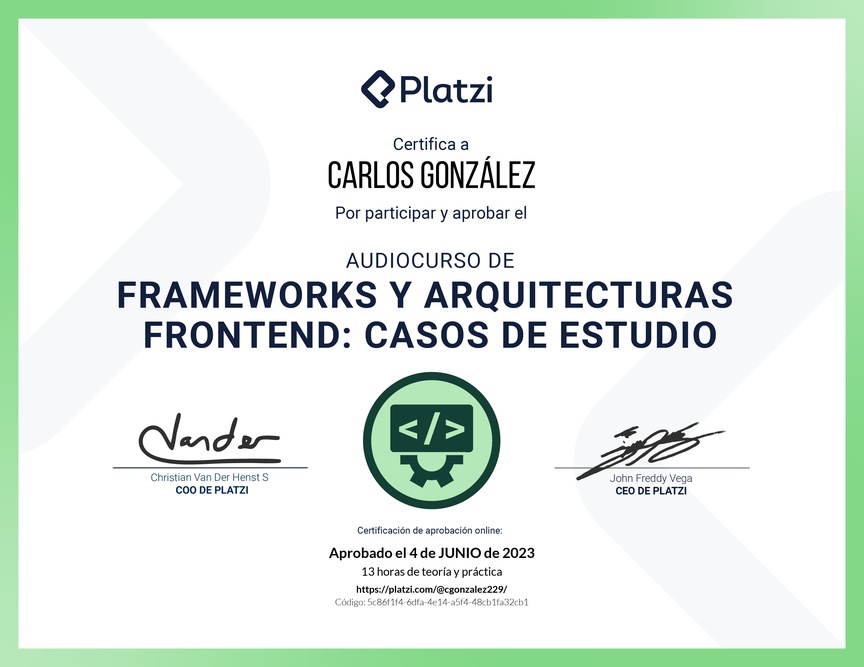 Diploma de Audiocurso de Frameworks y Arquitecturas Frontend: Casos de Estudio