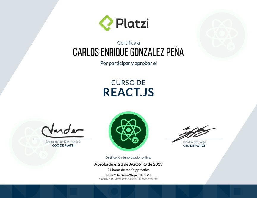 Diploma del Curso de React.js 2019