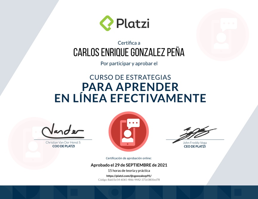 Diploma del Curso de Estrategias para Aprender en Línea Efectivamente 2019