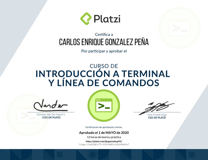 Diploma del Curso de Introducción a la Terminal y Línea de Comandos 2019