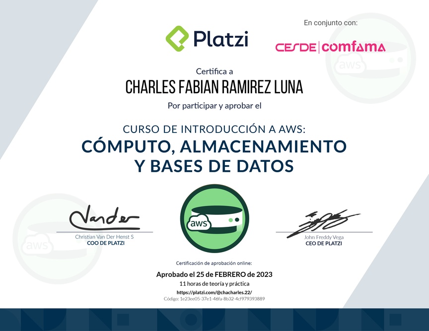 Diploma del Curso de Introducción a AWS: Cómputo, Almacenamiento y Bases de Datos
