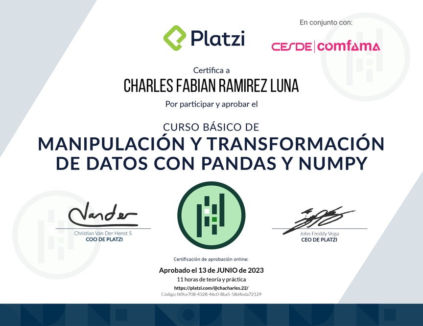 Diploma del Curso de Manipulación y Transformación de Datos con Pandas y NumPy