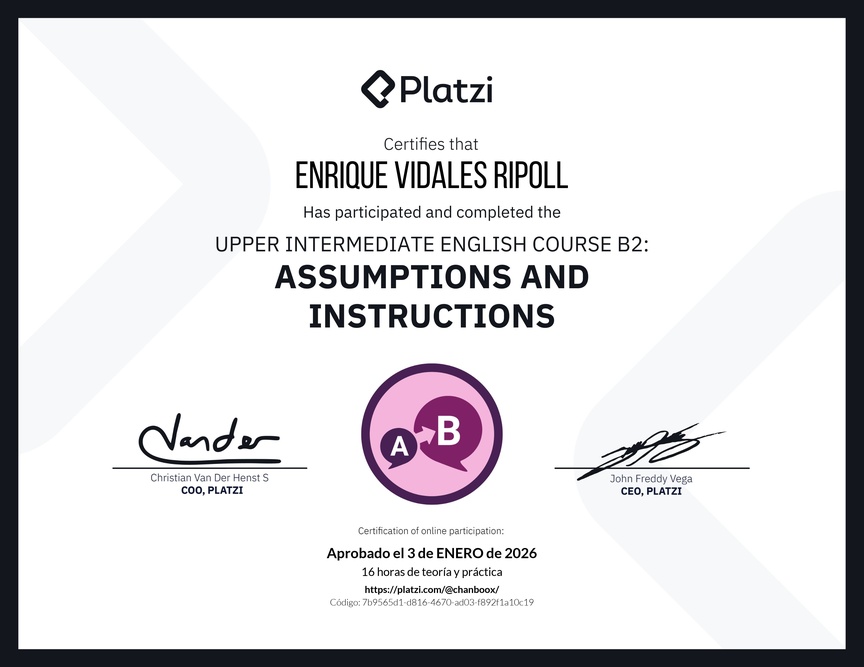Diploma del Curso de Inglés Intermedio Alto B2: Suposiciones e Instrucciones