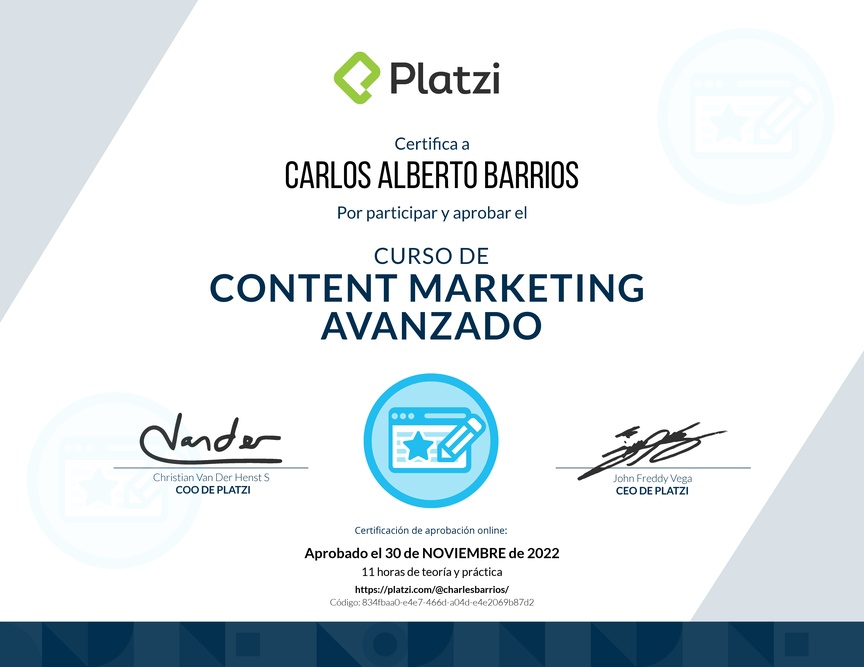 Diploma del Curso de Desarrollo de Estrategias de Content Marketing