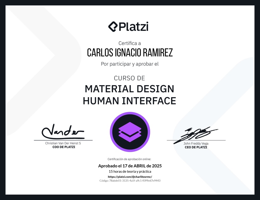Diploma del Curso de fundamentos de Material Design (Android) y Human Interface Guidelines (iOS)