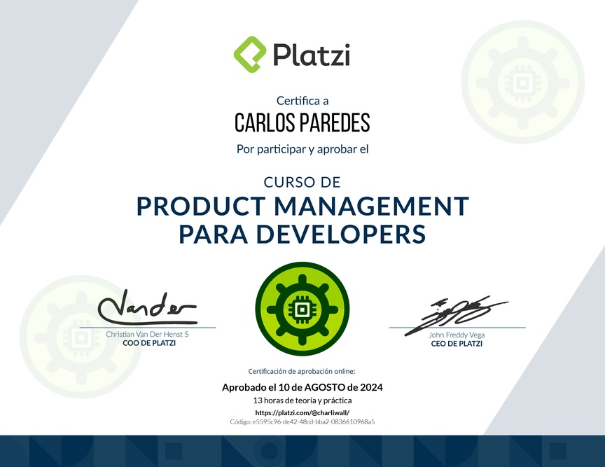 Diploma del Curso de Product Management para Developers