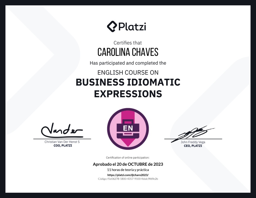 Diploma del Curso de Expresiones Idiomáticas de Negocios en Inglés