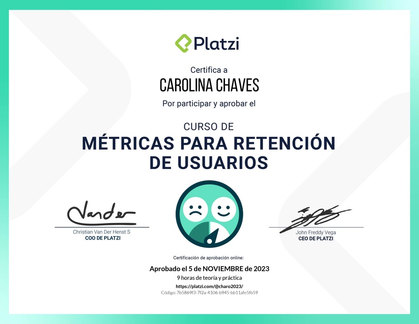 Diploma del Curso de Fundamentos de Métricas para Retención de Usuarios