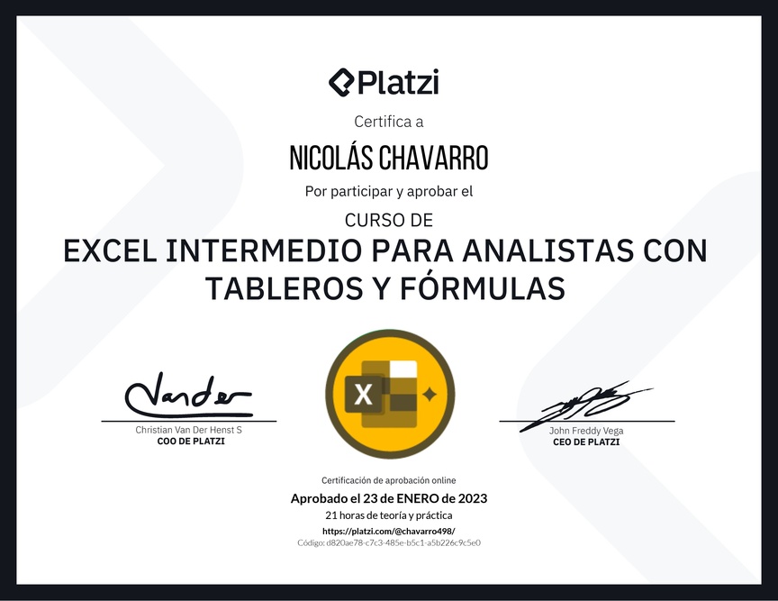 Diploma del Curso de Excel Intermedio para Analistas con Tableros y Fórmulas