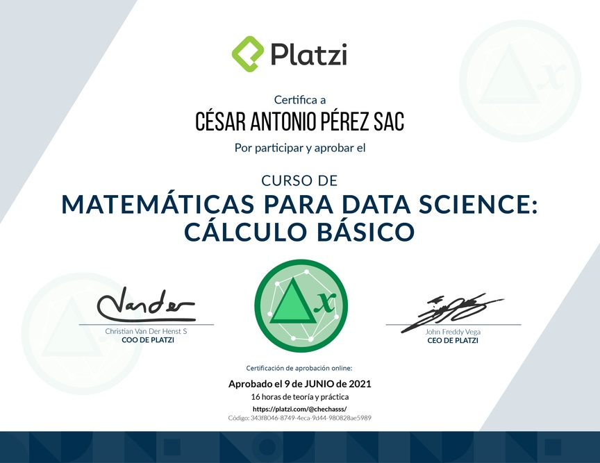 Diploma del Curso de Matemáticas para Data Science: Cálculo Básico