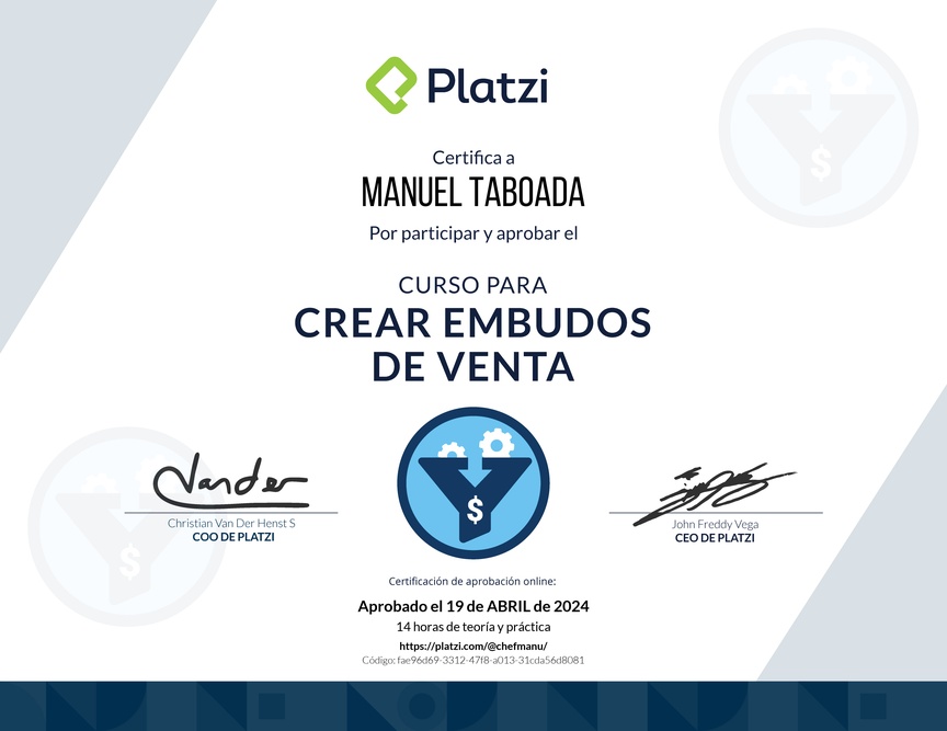 Diploma del Curso de Creación y Optimización de Embudos de Venta (2022)