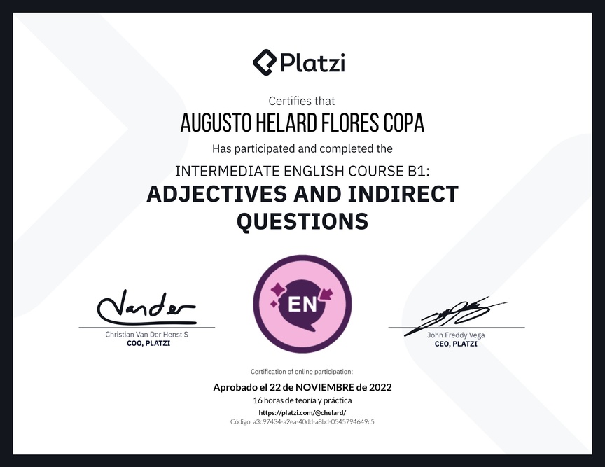 Diploma del Curso de Inglés Intermedio: Adjetivos y Preguntas Indirectas (2021)