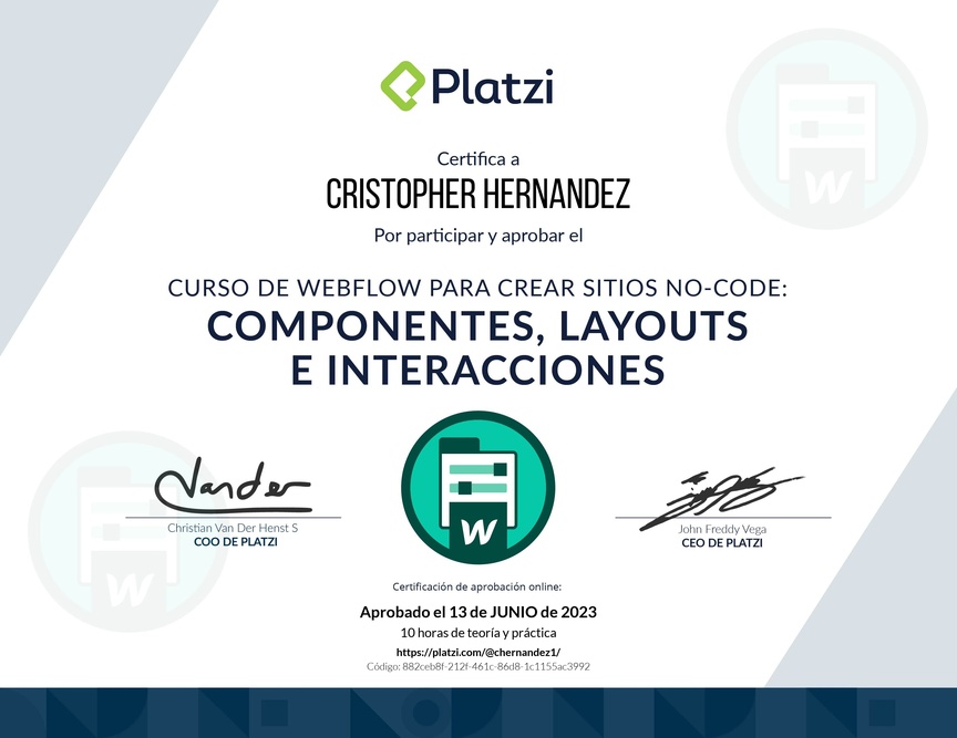 Diploma del Curso de Webflow para Crear Sitios No-code: Componentes, Layouts e Interacciones