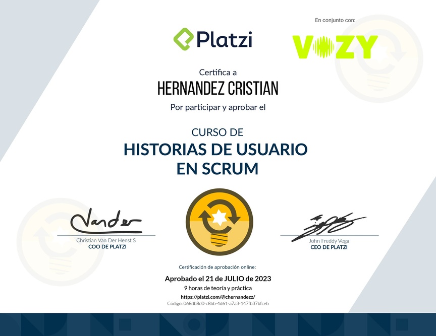 Diploma del Curso de Historias de Usuario en Scrum