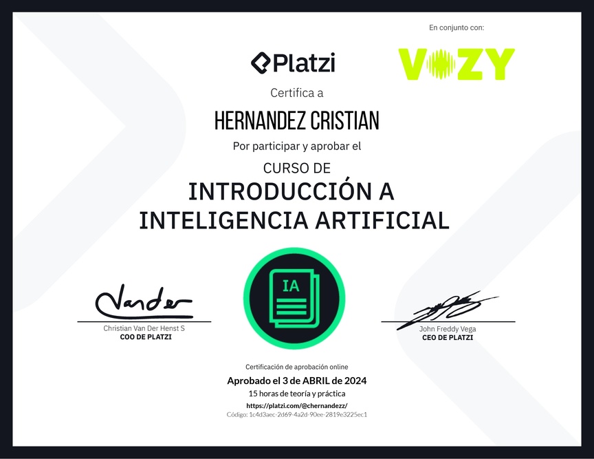 Diploma del Curso de Introducción a Inteligencia Artificial (2023)