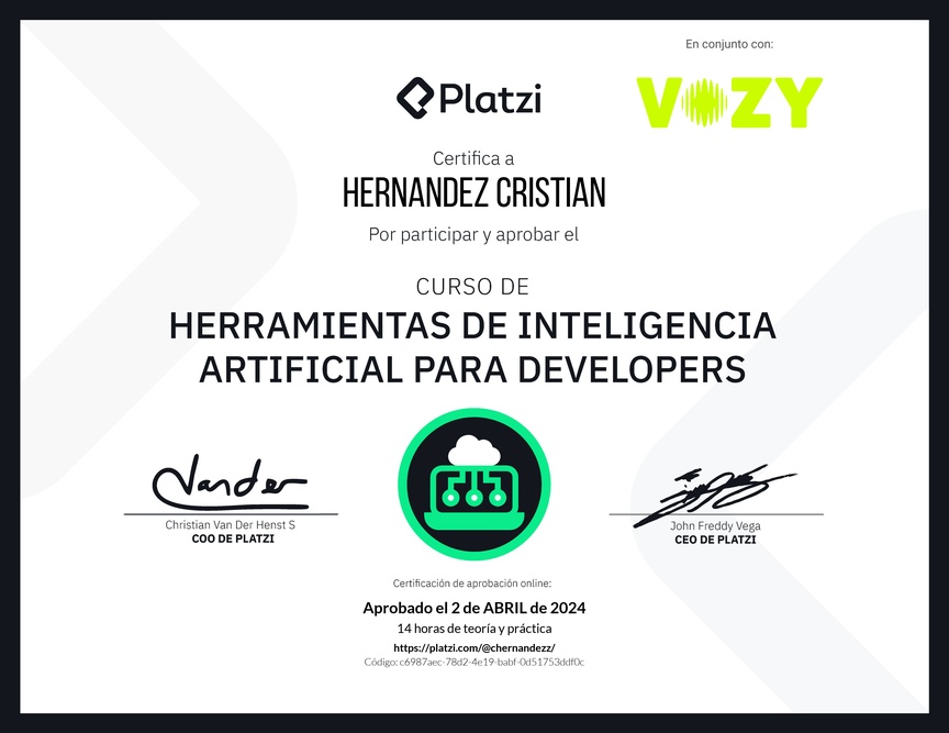 Diploma del Curso de Herramientas de Inteligencia Artificial para Developers (2023)