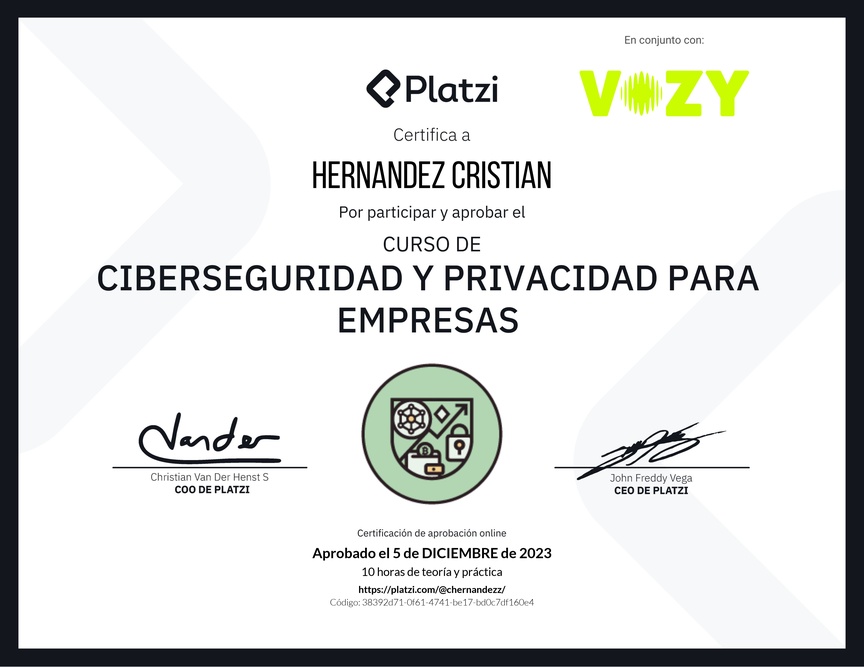 Diploma del Curso de Ciberseguridad y Privacidad Empresarial (2023)