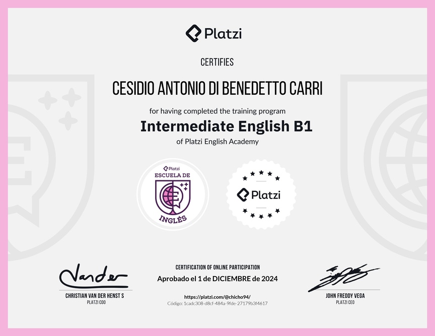Diploma de la Ruta de Aprendizaje de Inglés Intermedio B1