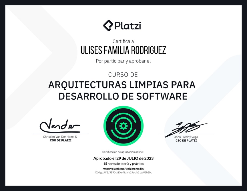 Diploma del Curso de Arquitecturas Limpias para Desarrollo de Software