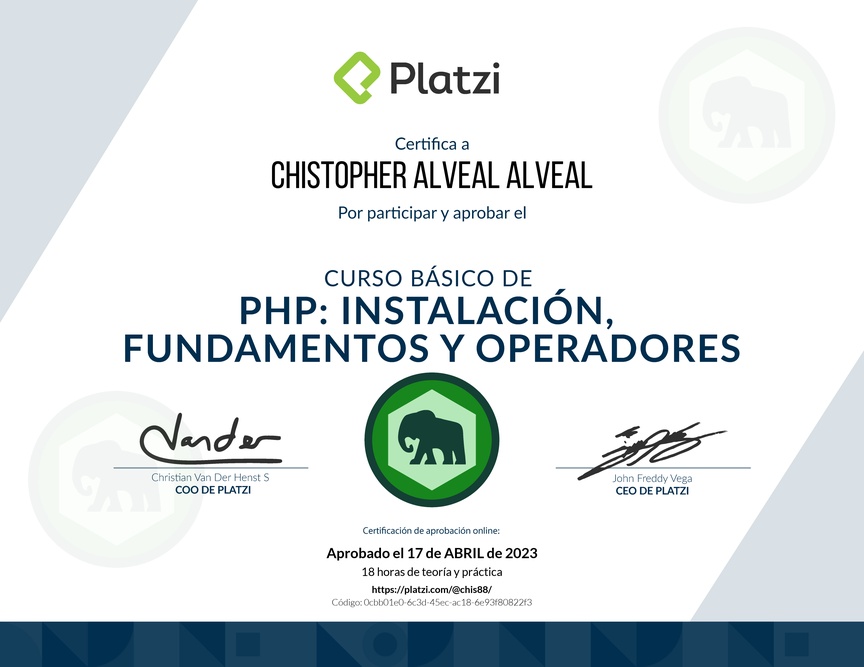 Diploma del Curso Básico de PHP: Instalación, Fundamentos y Operadores