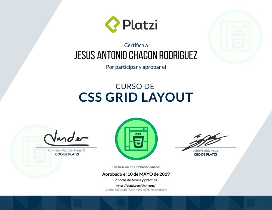 Diploma del Curso de CSS Grid Layout 2017