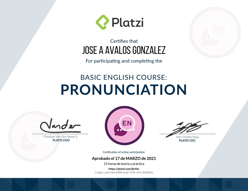 Diploma del Curso de pronunciación básica en Inglés 2020