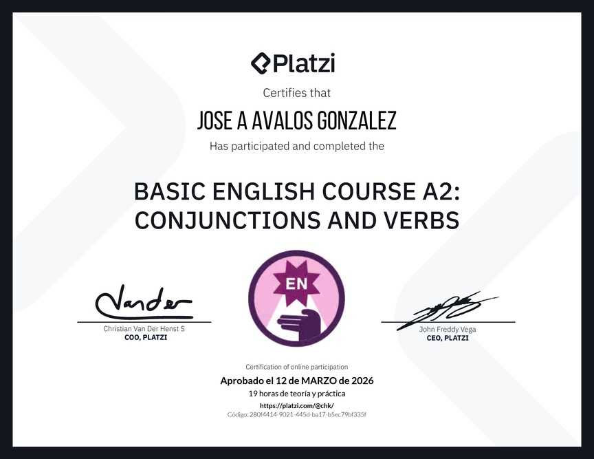 Diploma del Curso de Inglés Básico A2: Conjunciones y Verbos