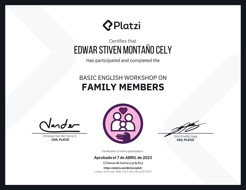 Diploma del Curso de Inglés Práctico sobre los Miembros de la Familia