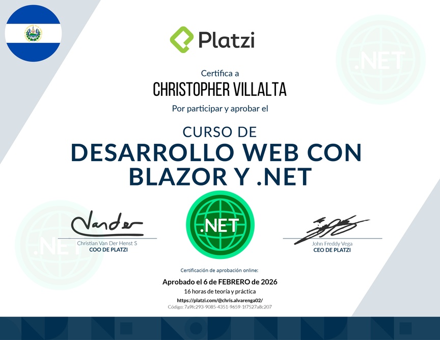 Diploma del Curso de Desarrollo Web con Blazor y .Net Core 3