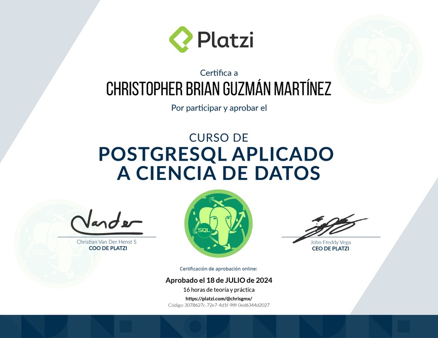 Diploma del Curso de PostgreSQL Aplicado a Ciencia de Datos