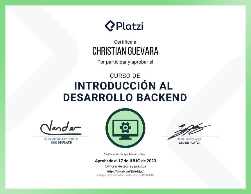 Diploma del Curso de Introducción al Desarrollo Backend