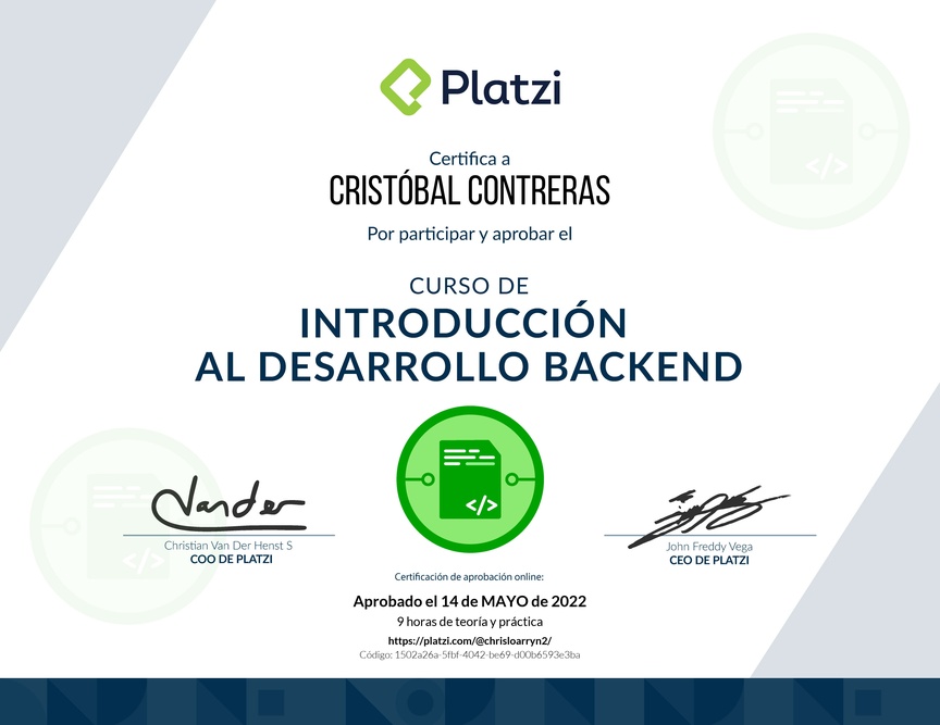 Diploma del Curso de Introducción al Desarrollo Backend