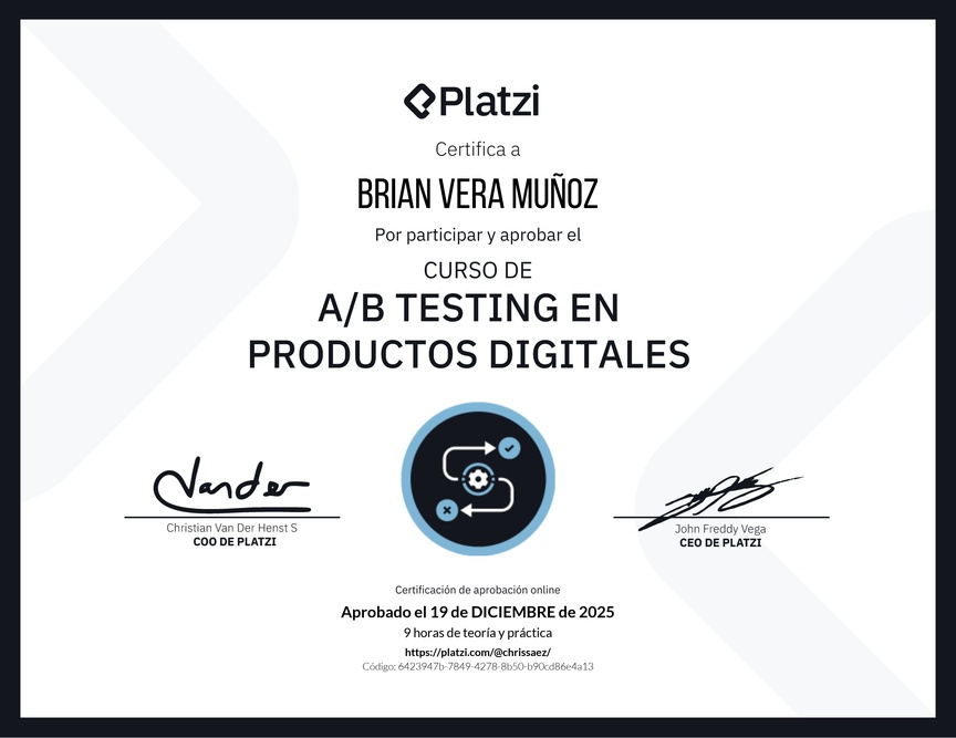 Diploma del Curso de A/B Testing en Productos Digitales