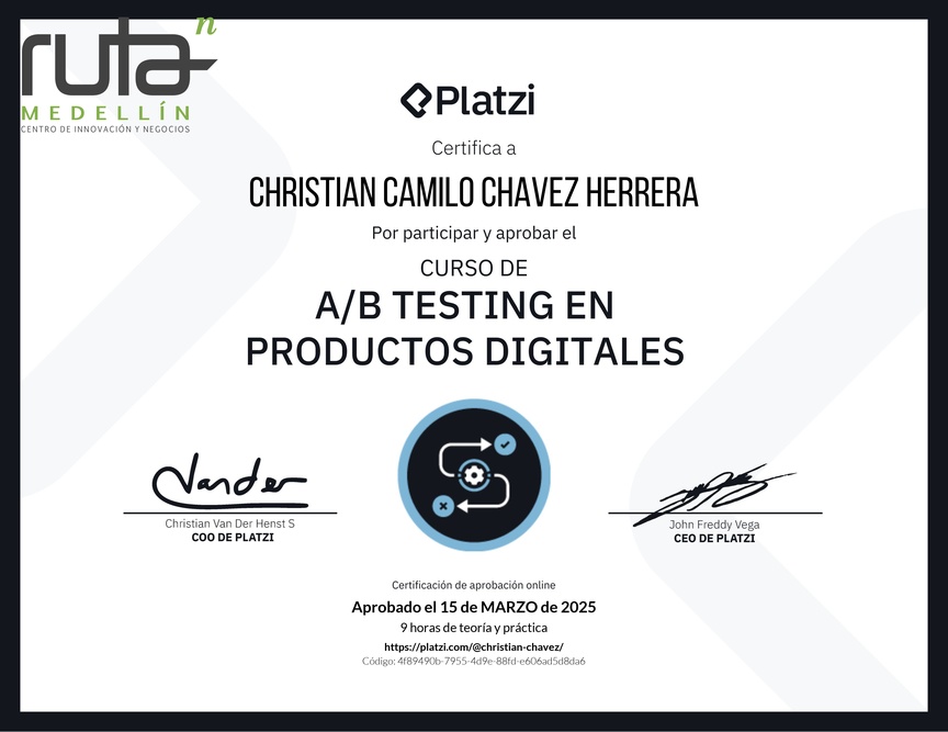 Diploma del Curso de A/B Testing en Productos Digitales