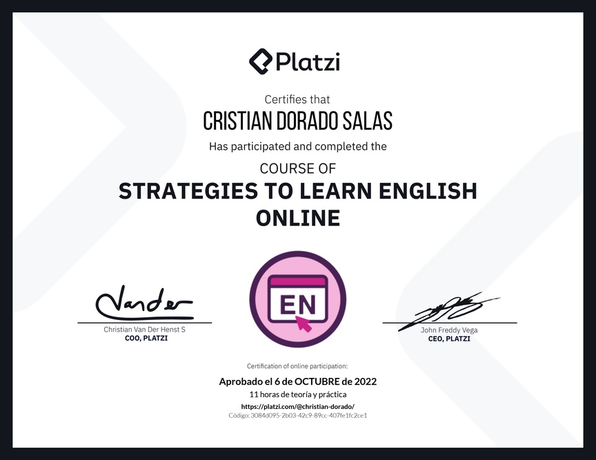 Diploma del Curso Gratis de Estrategias para Aprender Inglés en Línea