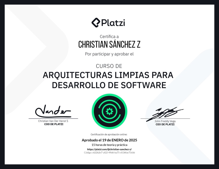 Diploma del Curso de Arquitecturas Limpias para Desarrollo de Software