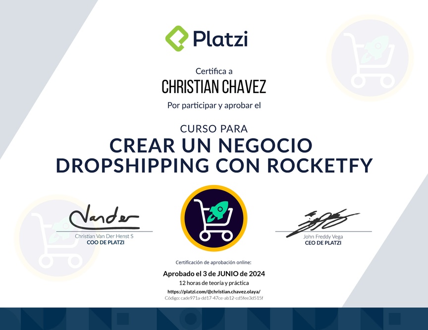 Diploma del Curso para Crear un Negocio Dropshipping con Rocketfy