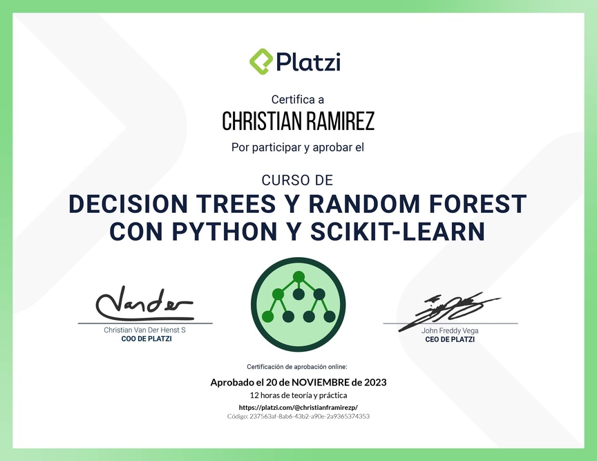 Diploma del Curso de Decision Trees y Random Forest con Python y scikit-learn
