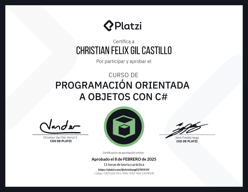 Diploma del Curso de Programación Orientada a Objetos con C#