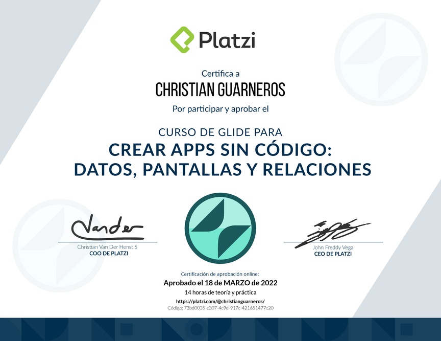 Diploma del Curso de Glide para Crear Apps Sin Código: Datos, Pantallas y Relaciones