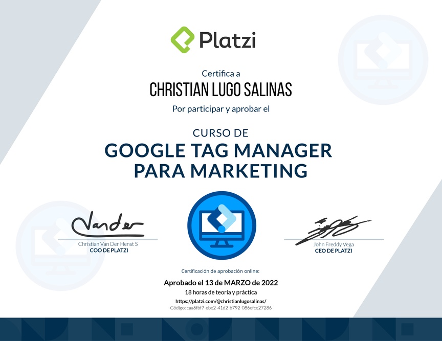 Diploma del Curso de Google Tag Manager para Marketing