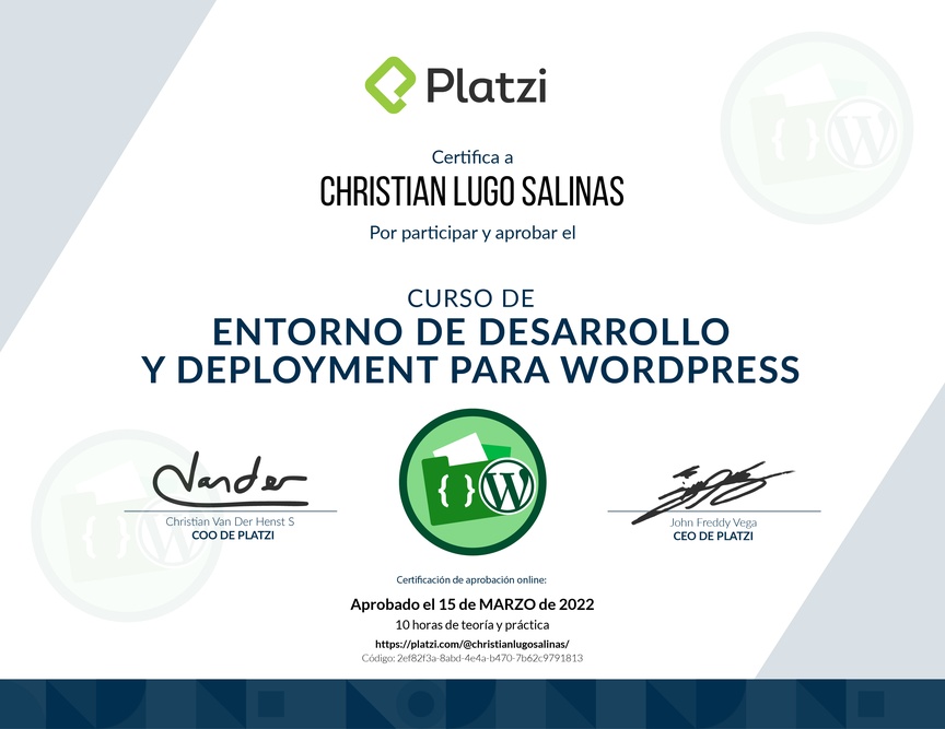 Diploma del Curso de Entornos de Desarrollo y Deployment en WordPress